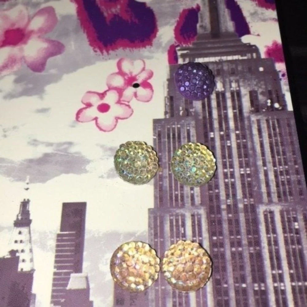 Justice 5 Pair Stud Earrings Girls Purple Pink Silver Glitter Floral‎ Trendy